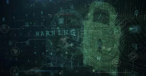 Dark digital interface showing wireframe head profile with glowing green Stock Photos
