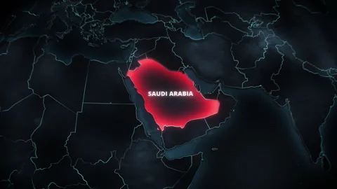 Dark Digital Map Highlighting Saudi Arabia In Glowing Red Alert Stock Footage 336567313