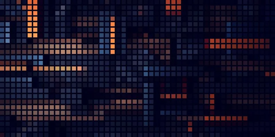 Dark Digital Mosaic Grid Background with Glowing Orange Blue Pixels 스톡 일러스트