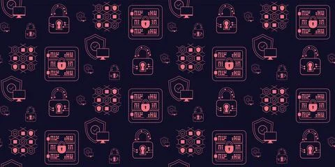 Dark digital pattern of blue padlocks and hands with security elements Stock Illustration
