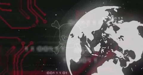 Dark digital UI opening globe rotating code drifting skull icon emerging Stock Footage 316623809