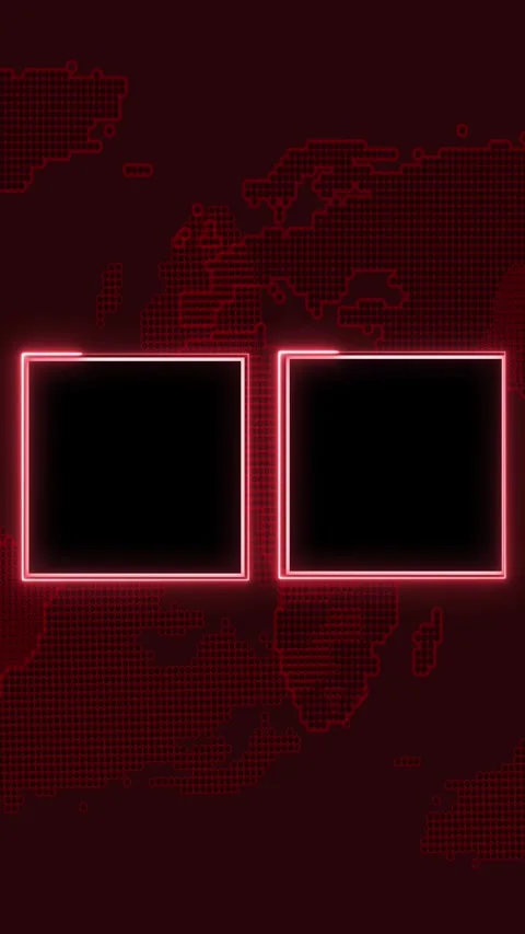 Dark digital world map background with red neon square frames and black spa.. Stock Footage 345963983