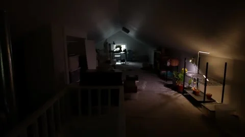 Dark dimly lit attic wide shot Stock Footage 255105809