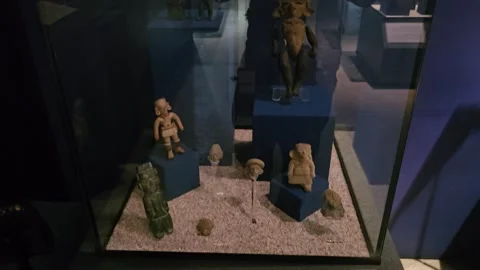 Dark Display Case With Clay Figures On Blue Stands, Teotihuacan, Mexico 8K 스톡 동영상 340375774