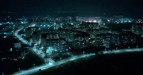 Dark dramatic aerial view on the small town in the night. Stock Footage 151308793