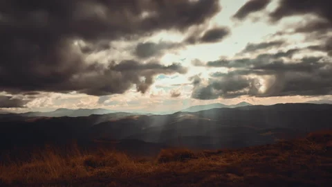 Dark dramatic autumn mountain cloudscape timelapse Stock Footage 254279535