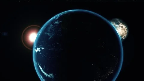 Dark earth-like planet in space with a glowing sun and cratered moon on a b.. Stock Footage 337080232