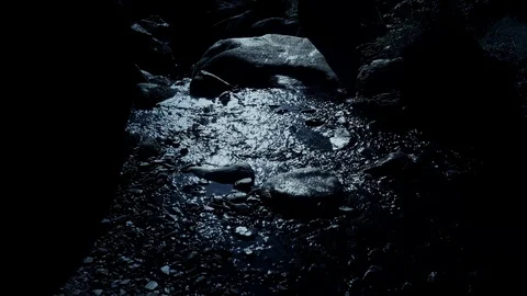 Dark eerie forest with water stream and rocks in Harz mountains landscape Stock Footage 127304204