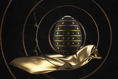 A dark egg with a golden pattern on the background of a golden ring and fabri 스톡 일러스트