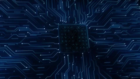 Dark electronic circuit animation glowing traces, chip area, precise board line Stock Footage 340577887