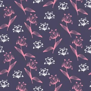 Dark elegant pattern with pink and white flowers Stock Illustration
