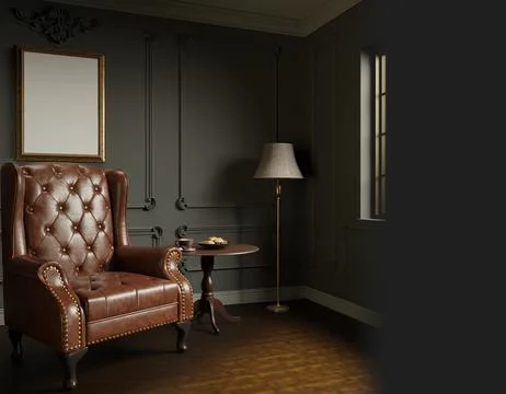 Dark, elegant room with leather wingback chair, ornate walls, and a small tab Stock Illustration