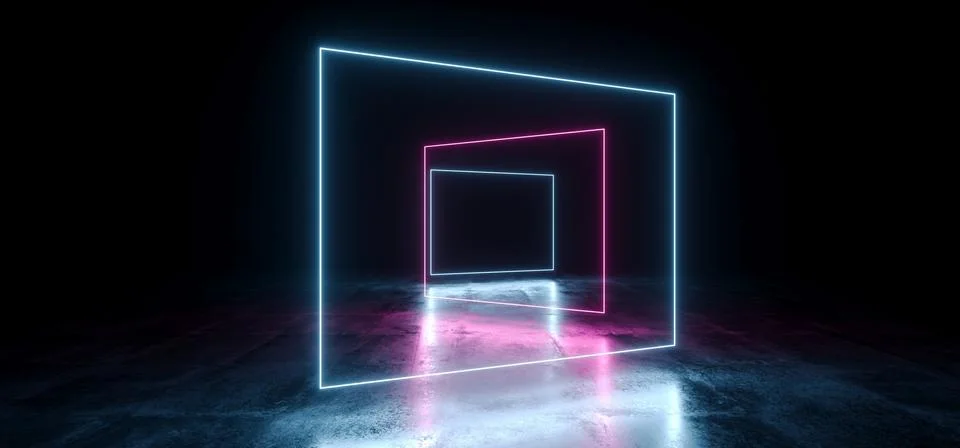 Dark Empty Black Rectangle Frame Neon Glowing Laser Fluorescent Virtual Reali Illustrazione stock