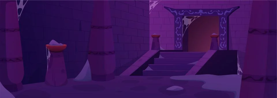 Dark empty dungeon with remnants of ash, cobwebs. Stock Illustration