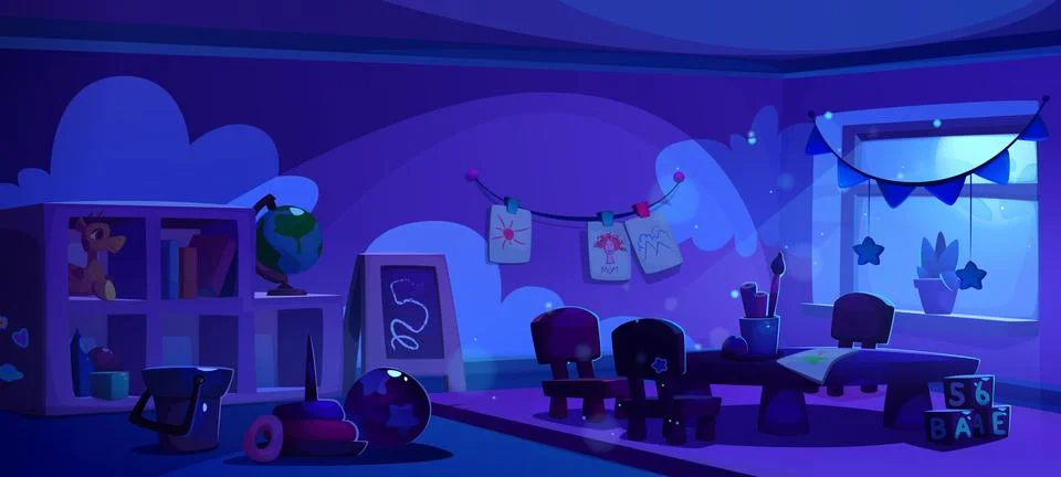 Dark empty kindergarten interior at night. Stock Illustration