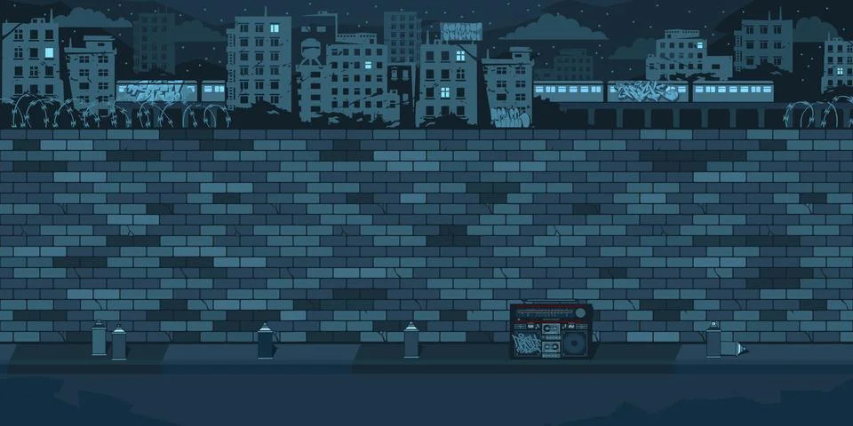 Dark Empty Night Brick Wall With Background Of The Cityscape Vector Illustration Stock Illustration