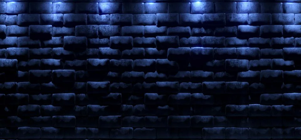 Dark Empty Room With Blue Lights Glowing Into Rock Brick Old Retro Empty Wall Ilustración de archivo