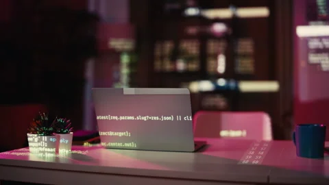 Dark empty room with hacking code projection, spyware technology, cyber crime Stock Footage 303697562