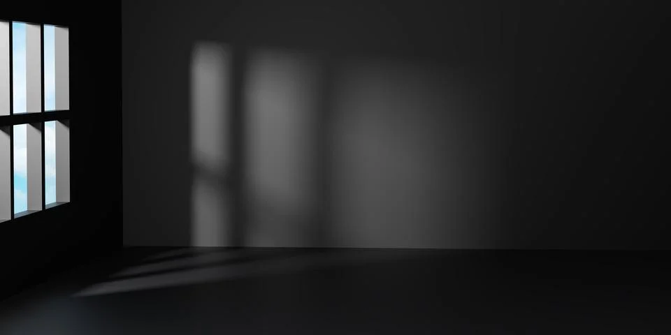 Dark empty room interior with black walls and floor featuring soft window l.. Stock Illustration