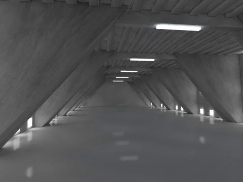Dark empty room interior with lamps. 3D Stock Illustration