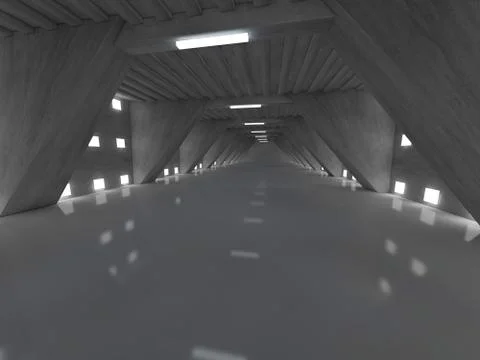 Dark empty room interior with lamps. 3D Stock Illustration
