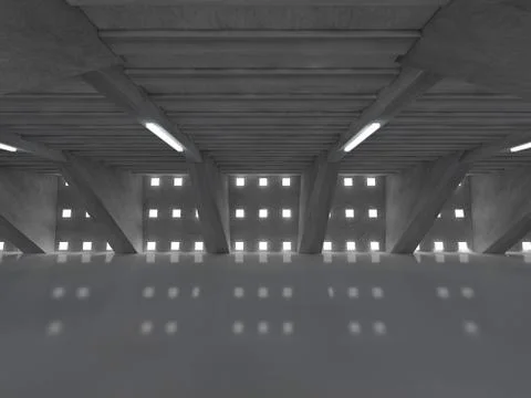 Dark empty room interior with lamps. 3D Stock Illustration