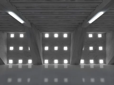 Dark empty room interior with lamps. 3D Illustrazione stock