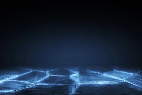 Dark empty scene blue neon searchlight light, wet asphalt smoke night view Stock Photos