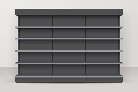Dark empty store shelf rack mockup front. Front view Product shelves Illustrazione stock