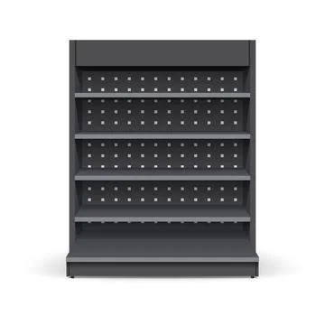 Dark empty store shelf rack mockup front. Front view Product shelves Stock Illustration