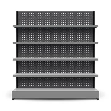 Dark empty store shelf rack mockup front. Front view Product shelves Illustrazione stock