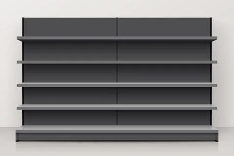 Dark empty store shelf rack mockup front. Front view Product shelves Stock Illustration