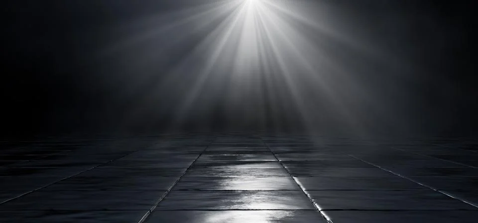 Dark empty warehouse. Rays of light over dark tile floor. Cement floor in d.. イラスト素材