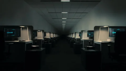Dark endless hallway with empty office workstations Stock-Footage 335490997