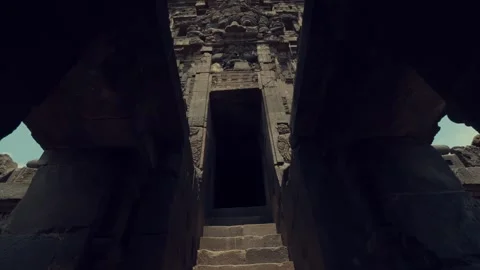 Dark Entrance and Stone Steps of Ancient Hindu Temple Ruins Stock Footage 333325907