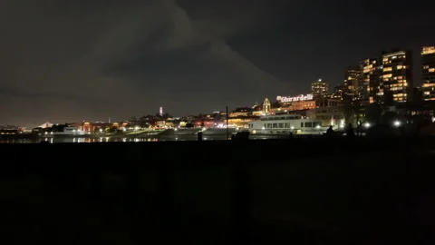 Dark Evening Dock At the Bay San Francisco City Night Lights Covid 19, 2020 Stock Footage 144582599