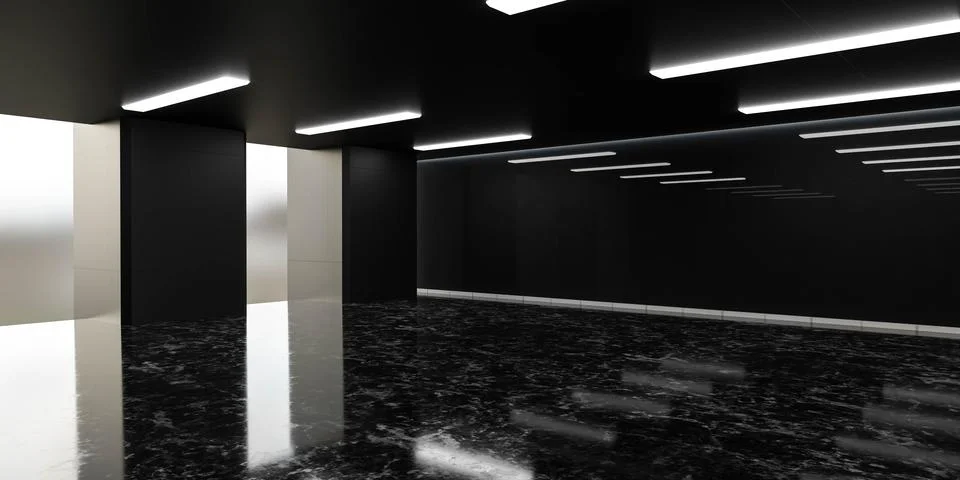 Dark evening empty loft studio office room glass wall with reflections 3d render Ilustración de archivo