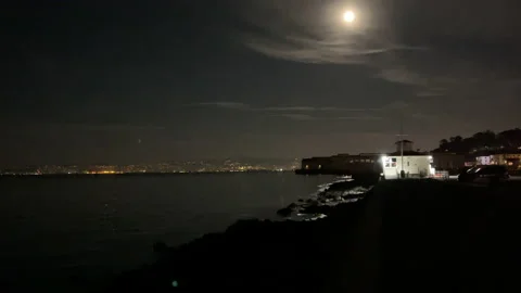 Dark Evening Full Moon In San Francisco Tilt Shot 4K Night Mode Stock Footage 144638512