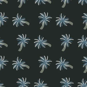 Dark exotic nature seamless pattern with blue colored palm tree shapes. Grey  Stock Illustration