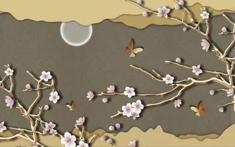 Dark fabric background, full moon, flowering tree branches and brown butterflies Stock Illustration