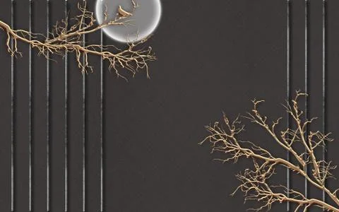 Dark fabric background, gray vertical lines, beige thin tree branches, full moon Stock Illustration