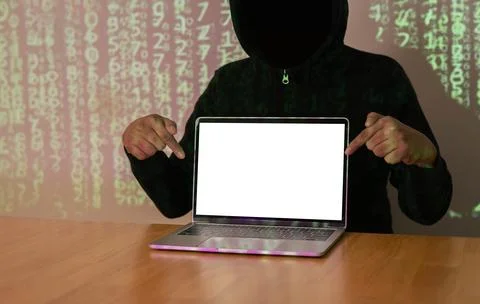 Dark face hacker pointing hands and show laptop while stealing big data and.. Stock Photos