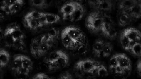 Dark faces of corpses the screaming. Black and white illustration. Stock Illustration