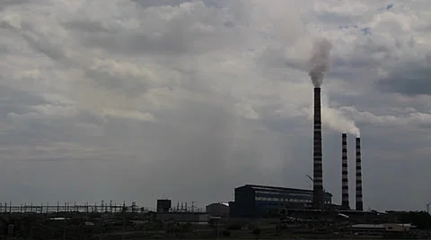 Dark factory smoke stack exhaust smoke into the sky Stock Footage 25936993