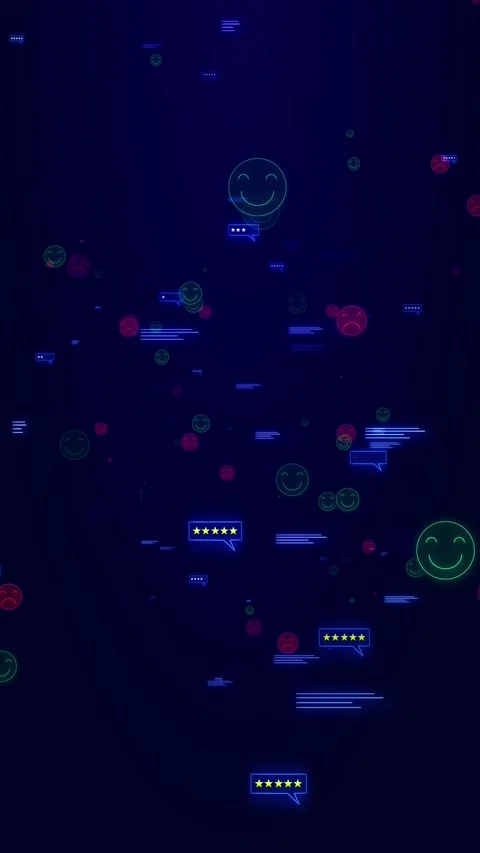 Dark feedback floating neon smile and sad faces, review bubbles, star ratings, a Stock Footage 340577889