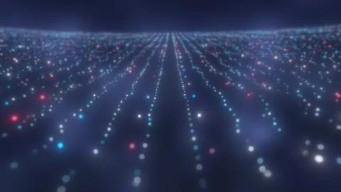 Dark field of glowing blue, red, and white light dots aligned in vertical t.. Stock Illustration