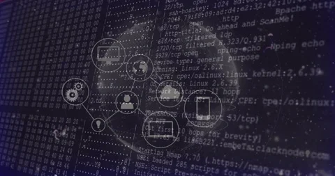 Dark field showing globe rotating while icons connecting and code scrolling, Stock Footage 317466685