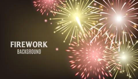 Dark firework background with realistic red and yellow sparkle explosions. Illustrazione stock