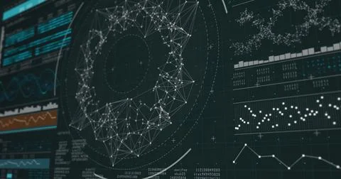 Dark flat design dashboard is displaying circular network graph, line and bar イラスト素材