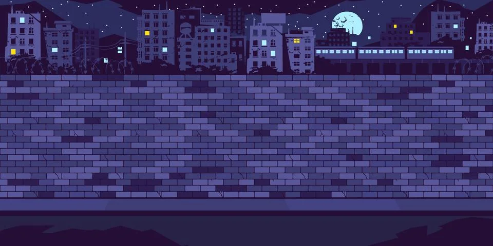Dark Flat Empty Night Brick Wall With Background Of The Cityscape Vector Stock Illustration